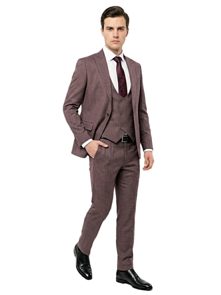 Pánsky vlnený oblek bordový s vestou, P14